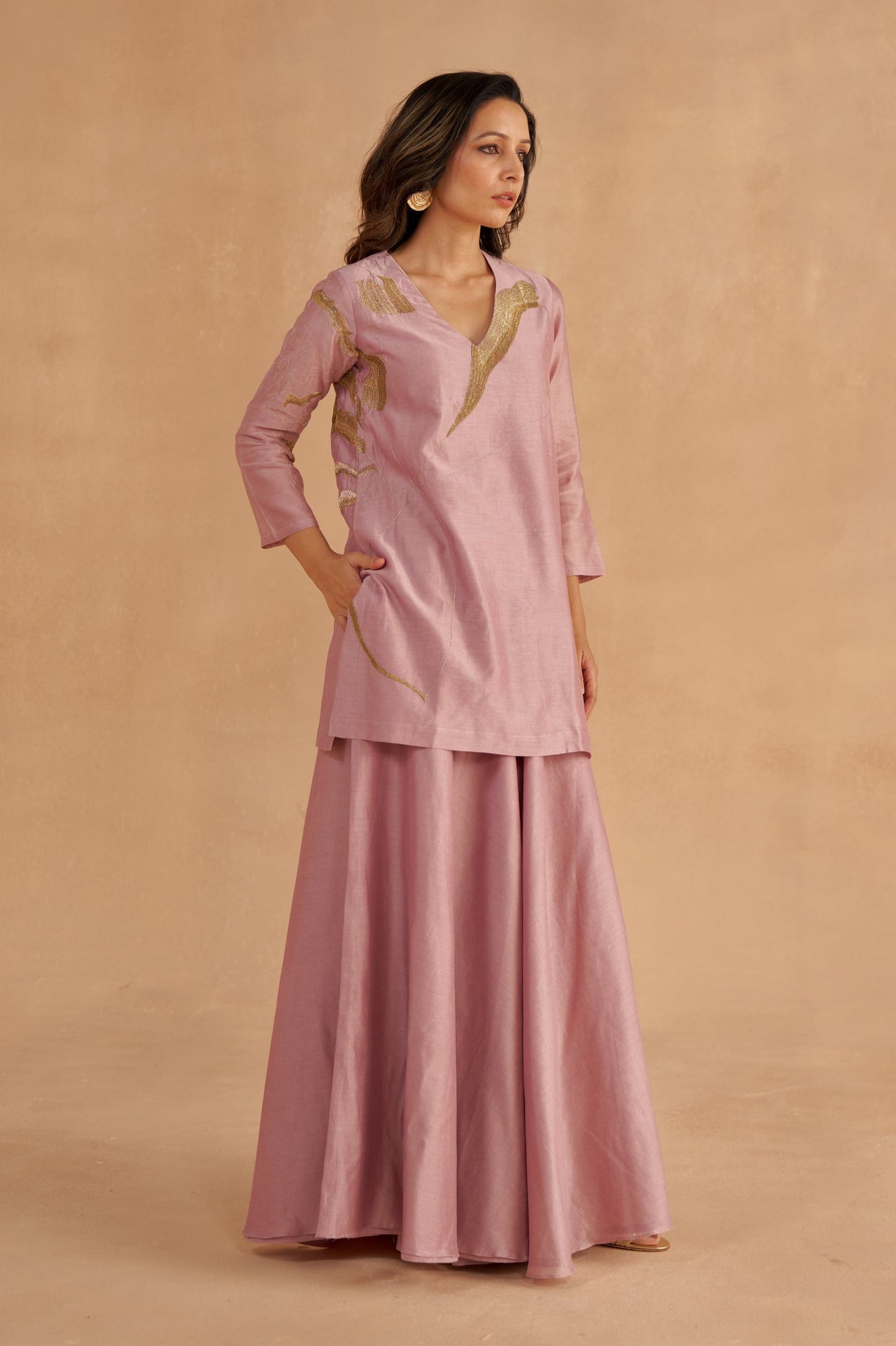 Lilac Chanderi Kurta with Zardozi Lotus Motif and Flared Sharara Pants with Slit