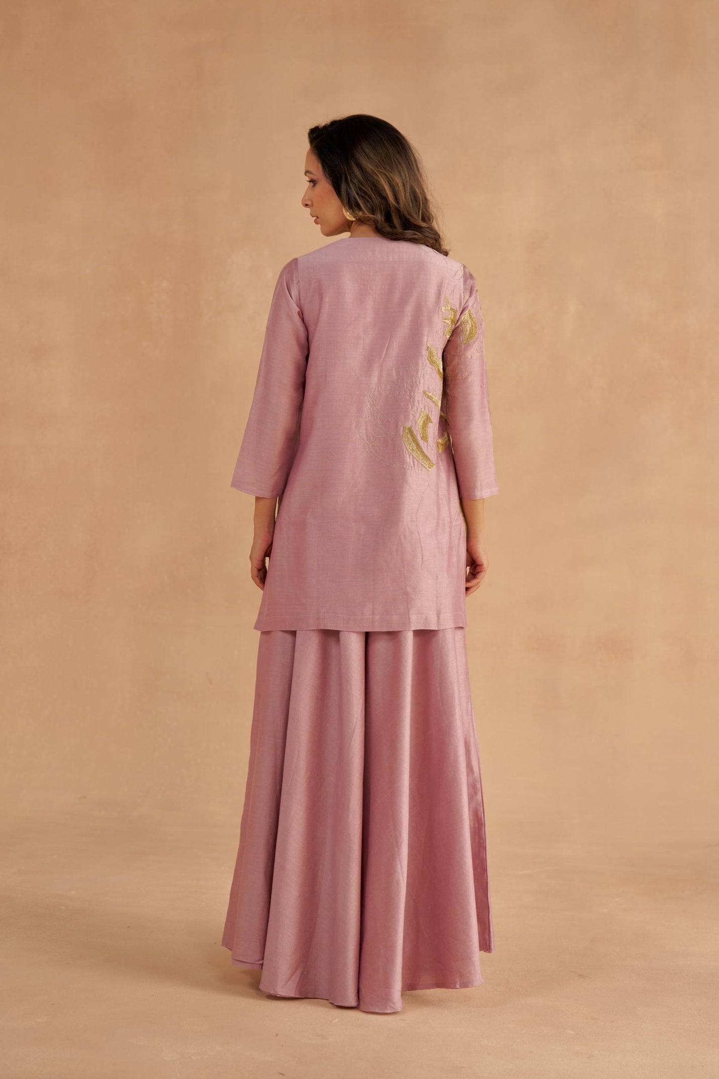 Lilac Chanderi Kurta with Zardozi Lotus Motif and Flared Sharara Pants with Slit