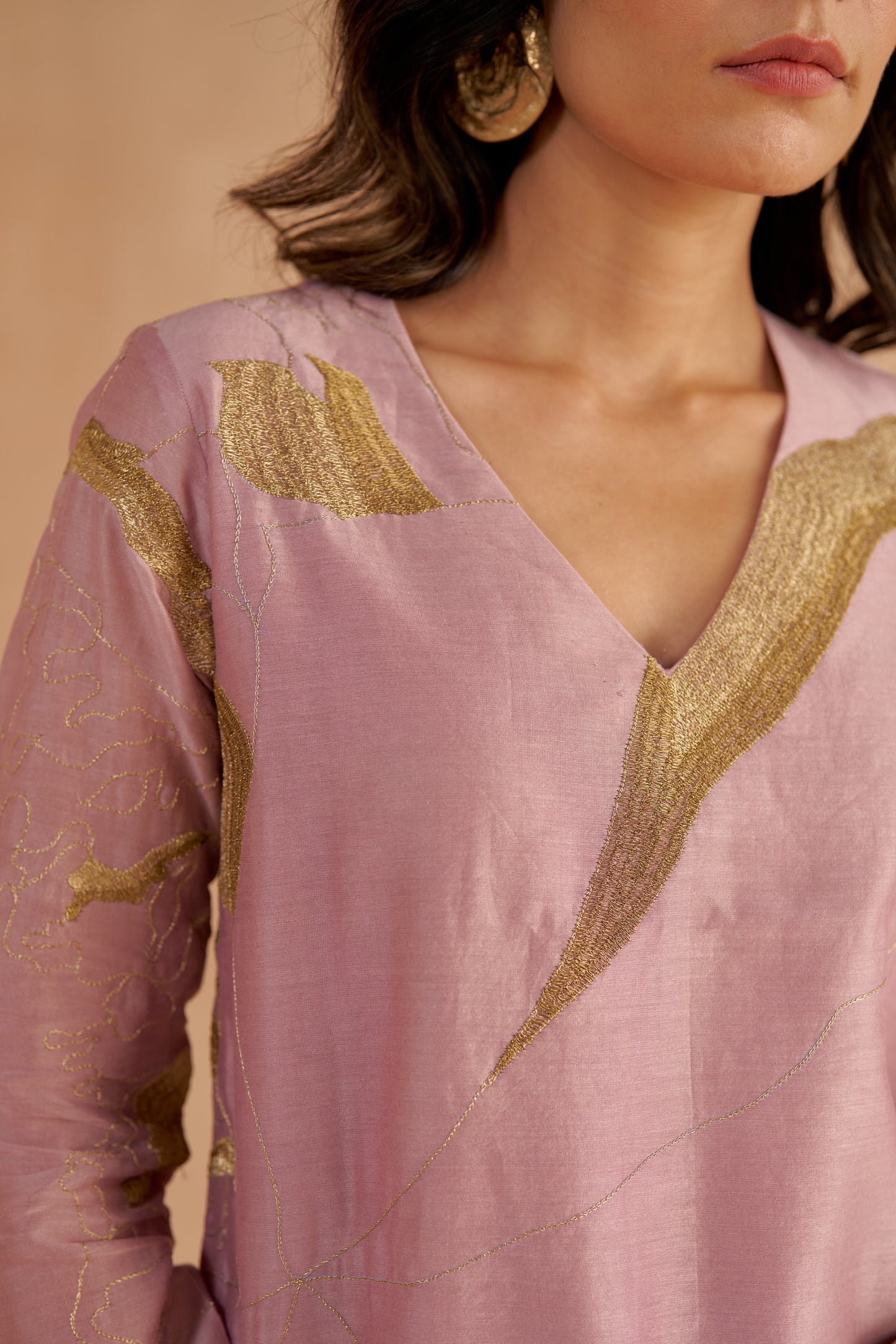 Lilac Chanderi Kurta with Zardozi Lotus Motif and Flared Sharara Pants with Slit
