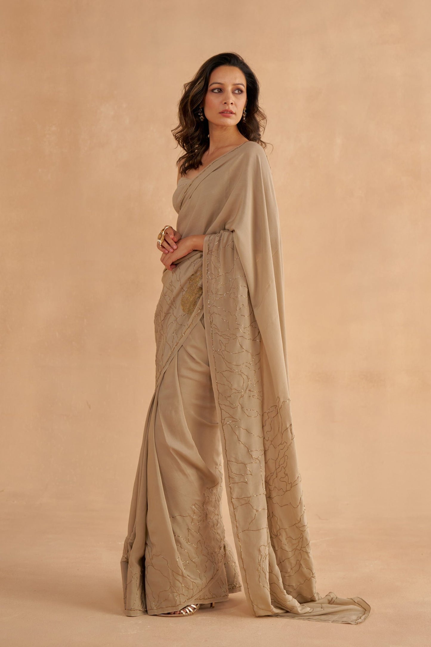 Warm Grey Crepe Silk Saree with Zardozi Embroidery and Strappy Embroidered Blouse