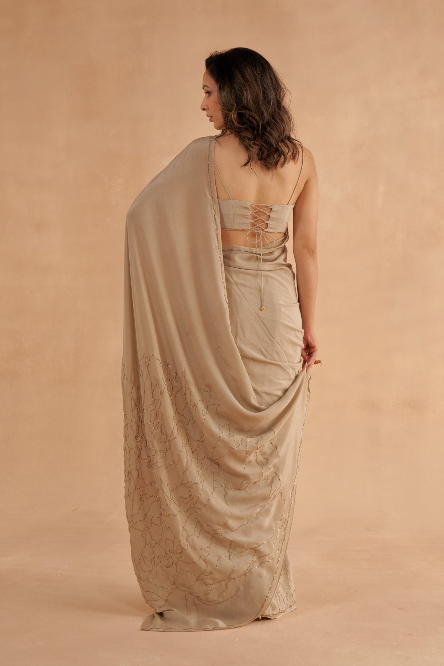 Warm Grey Crepe Silk Saree with Zardozi Embroidery and Strappy Embroidered Blouse