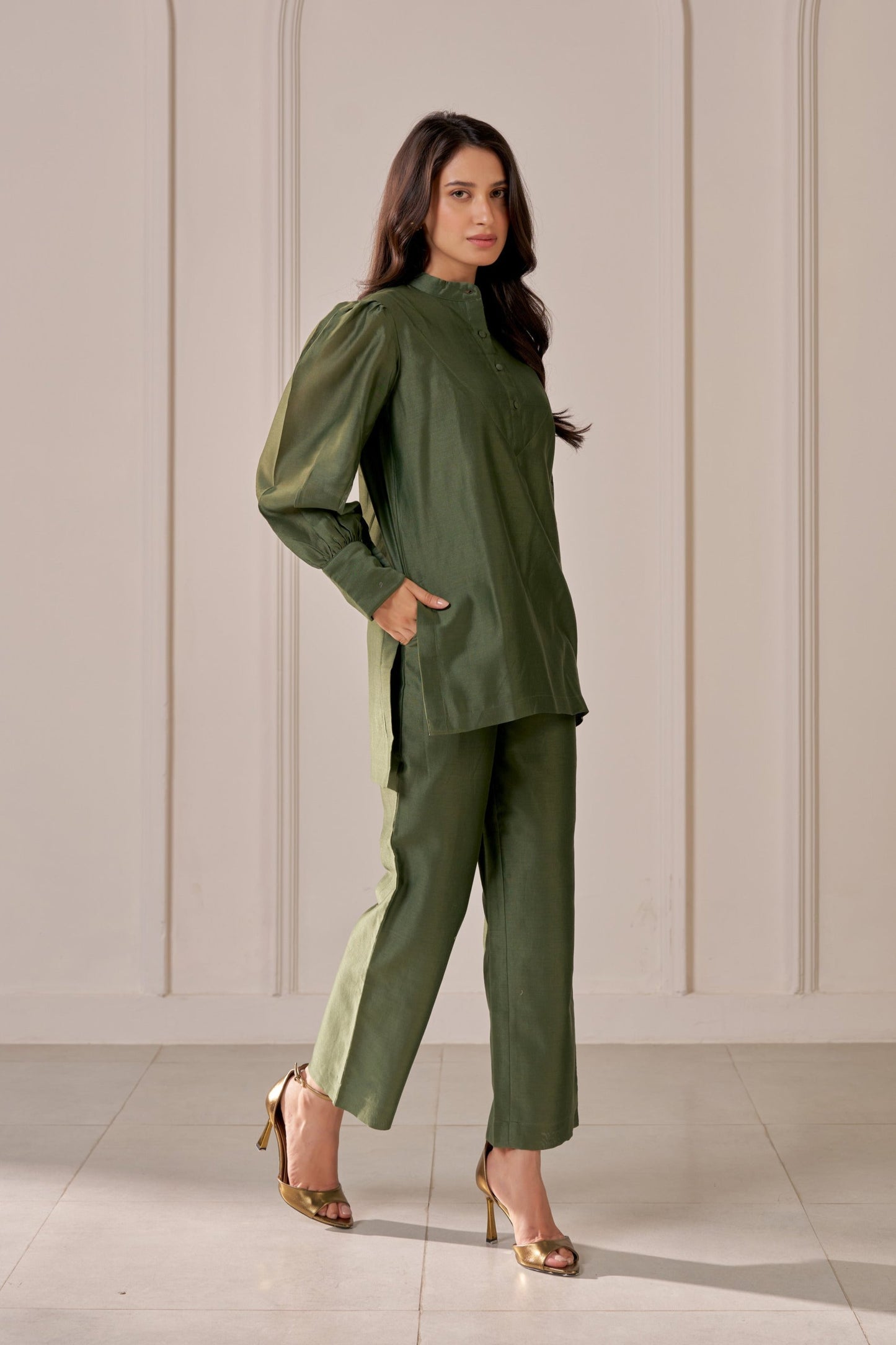 Bottle Green Embroidered Chanderi Co-Ord Set