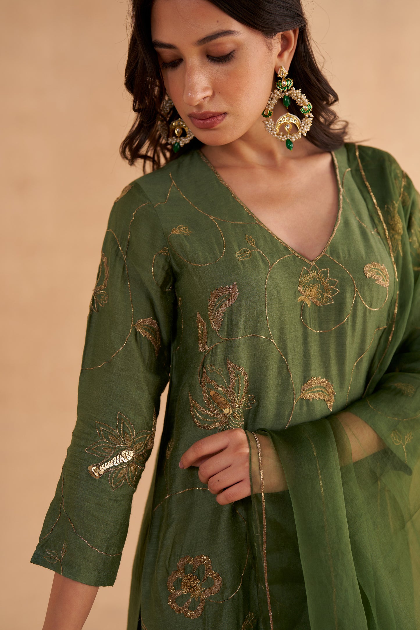 Bottle Green Silk Kurta with Zardozi Embroidery Flared Sharara Pants and Organza Dupatta