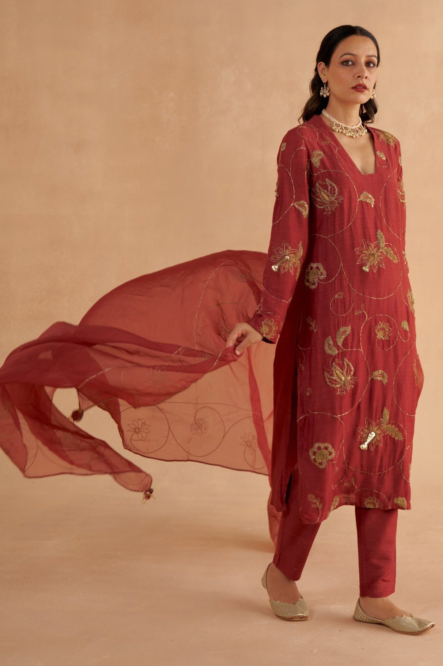 Mahogany Red Fine Silk Zardozi Embroidered Kurta with Silk Tapered Pants and Organza Dupatta
