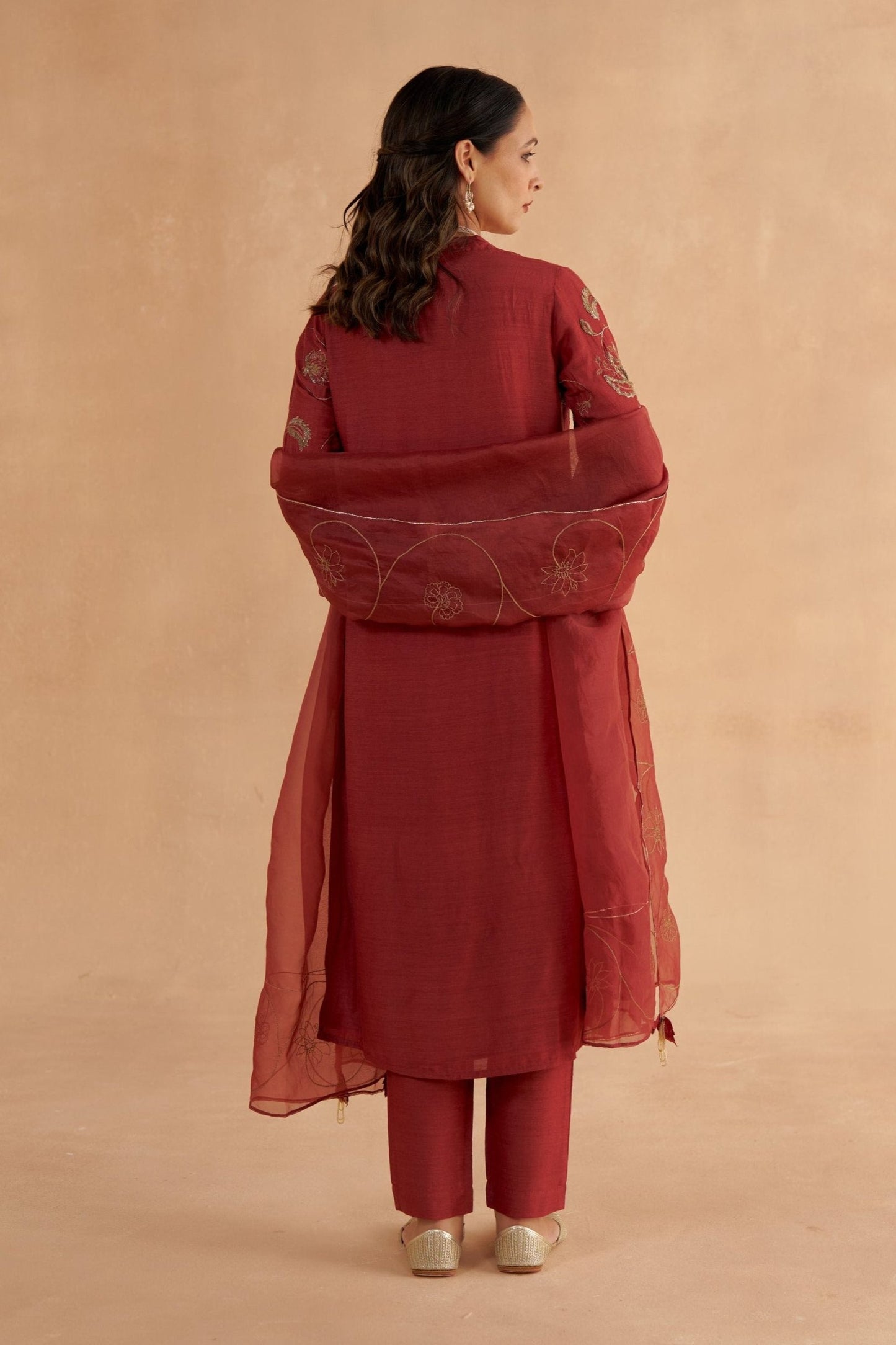 Mahogany Red Fine Silk Zardozi Embroidered Kurta with Silk Tapered Pants and Organza Dupatta