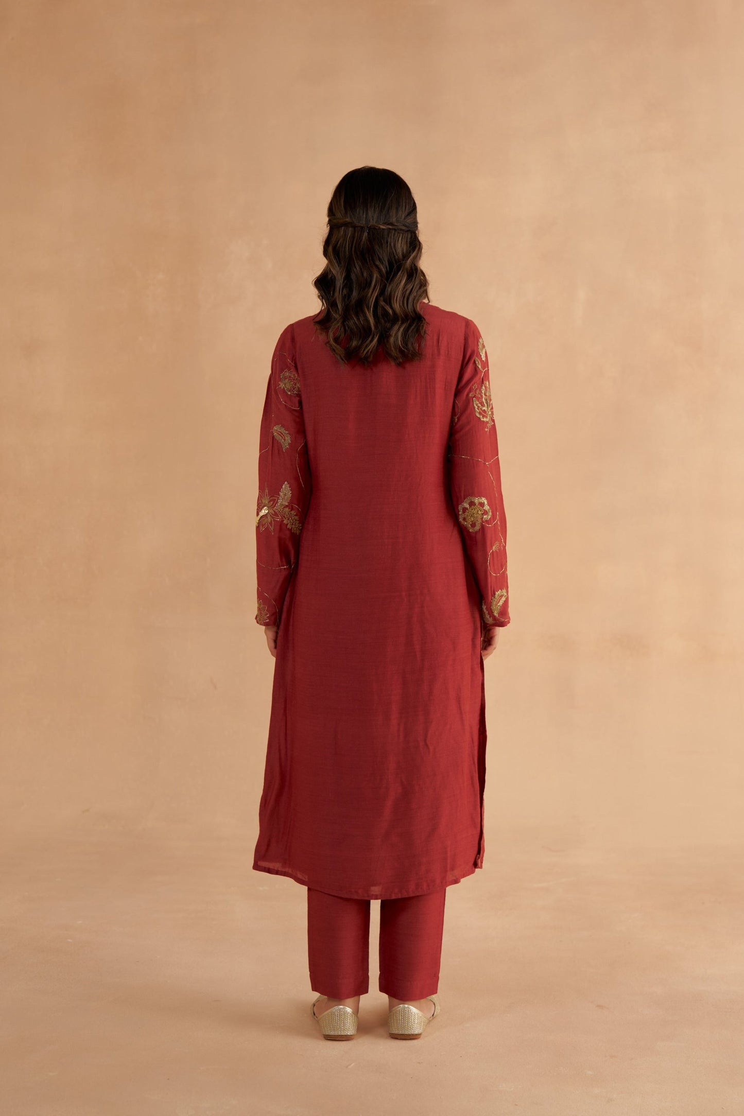 Mahogany Red Fine Silk Zardozi Embroidered Kurta with Silk Tapered Pants and Organza Dupatta