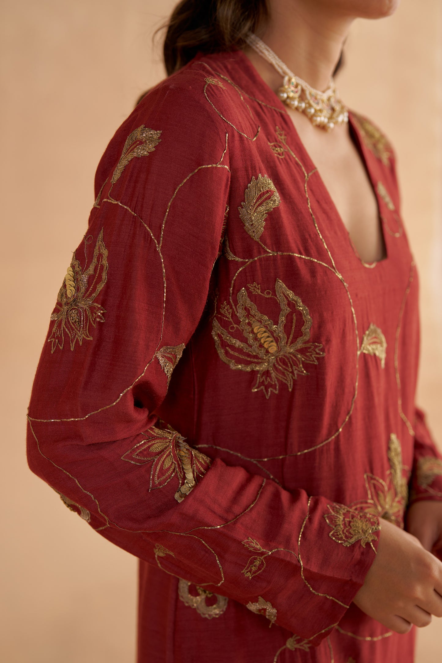 Mahogany Red Fine Silk Zardozi Embroidered Kurta with Silk Tapered Pants and Organza Dupatta