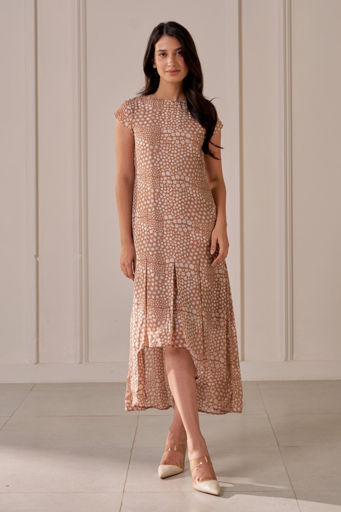 Brown Mandi Block Printed Asymmetrical Dress