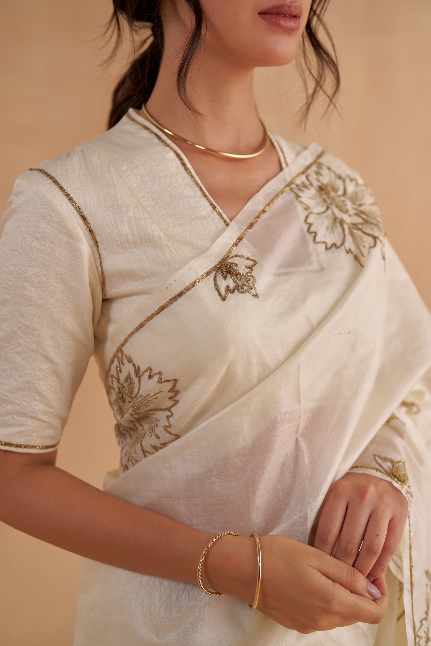 Vintage Ivory Tussar Saree with Gold Zardozi Embroidery and Paper Tussar blouse with Zari Embroidery