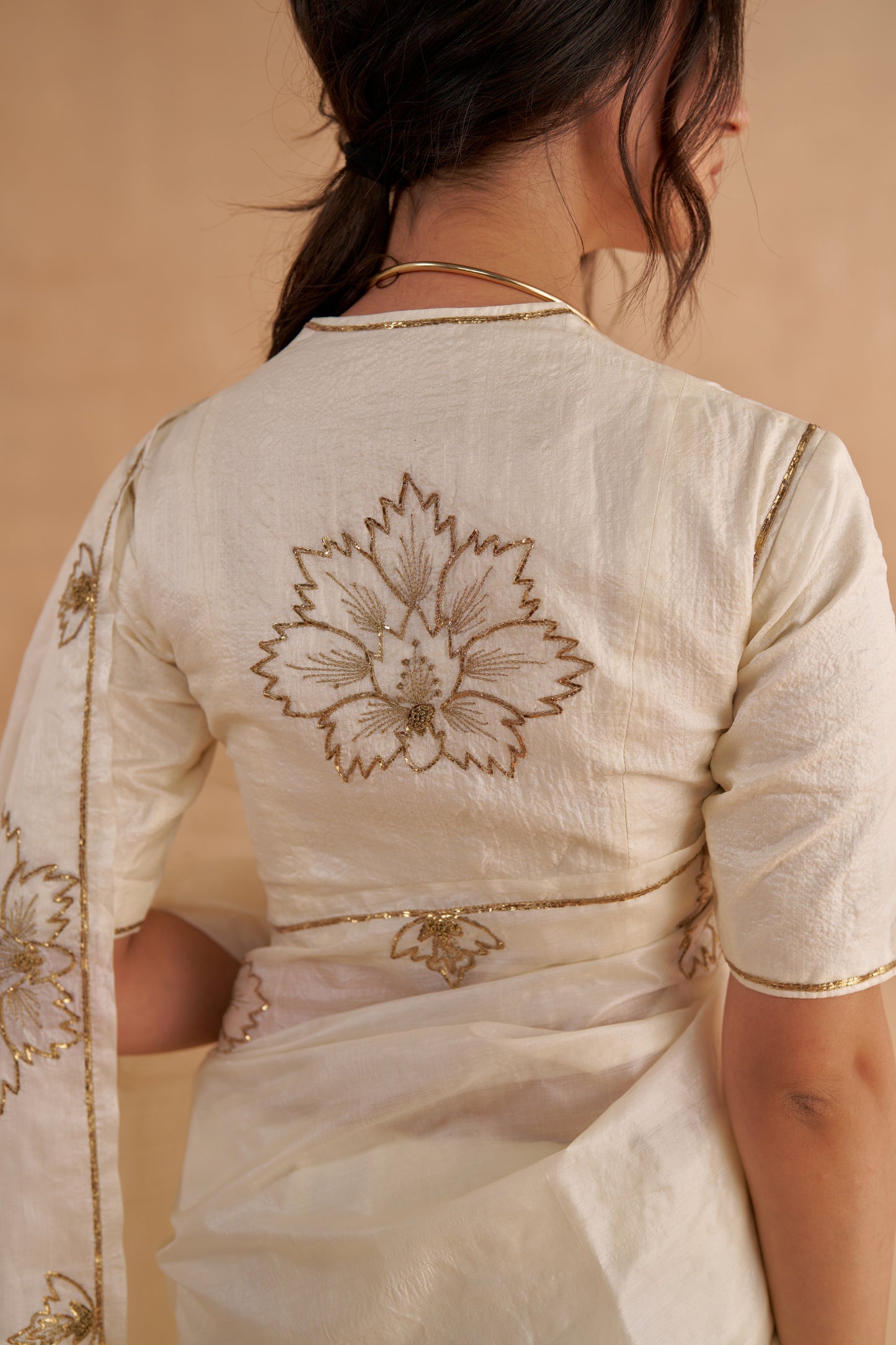 Vintage Ivory Tussar Saree with Gold Zardozi Embroidery and Paper Tussar blouse with Zari Embroidery