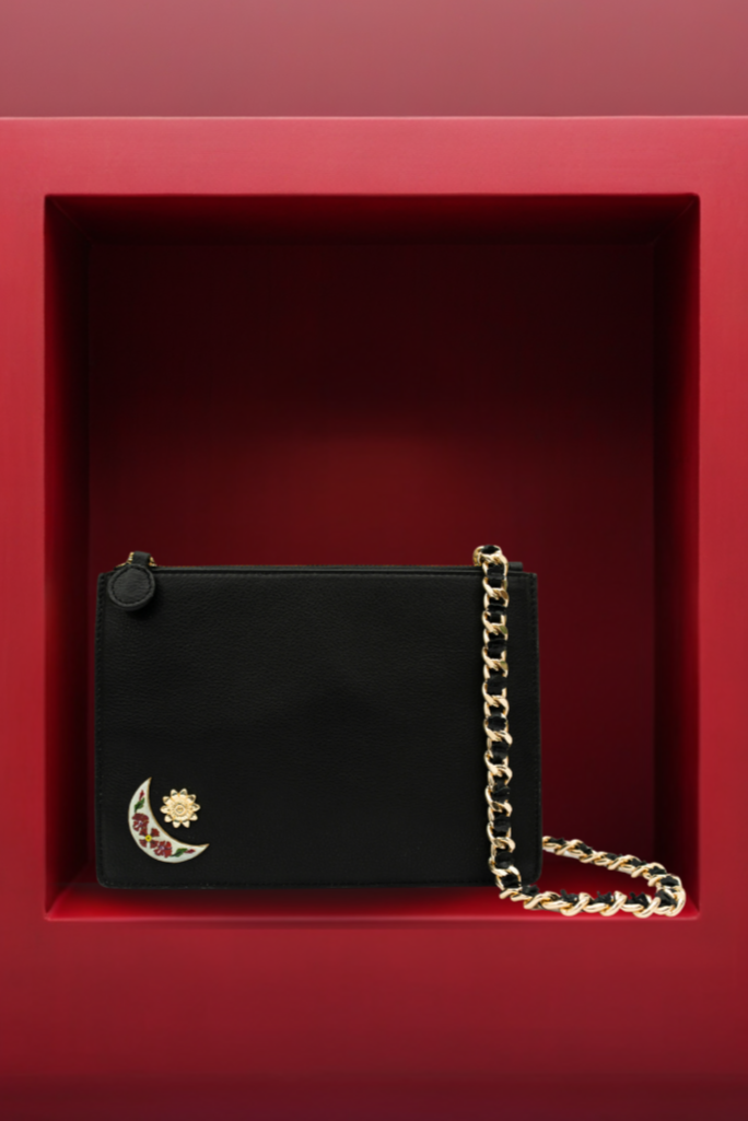 Black Captivating Metal Enhanced Crescent Moon Leather Clutch
