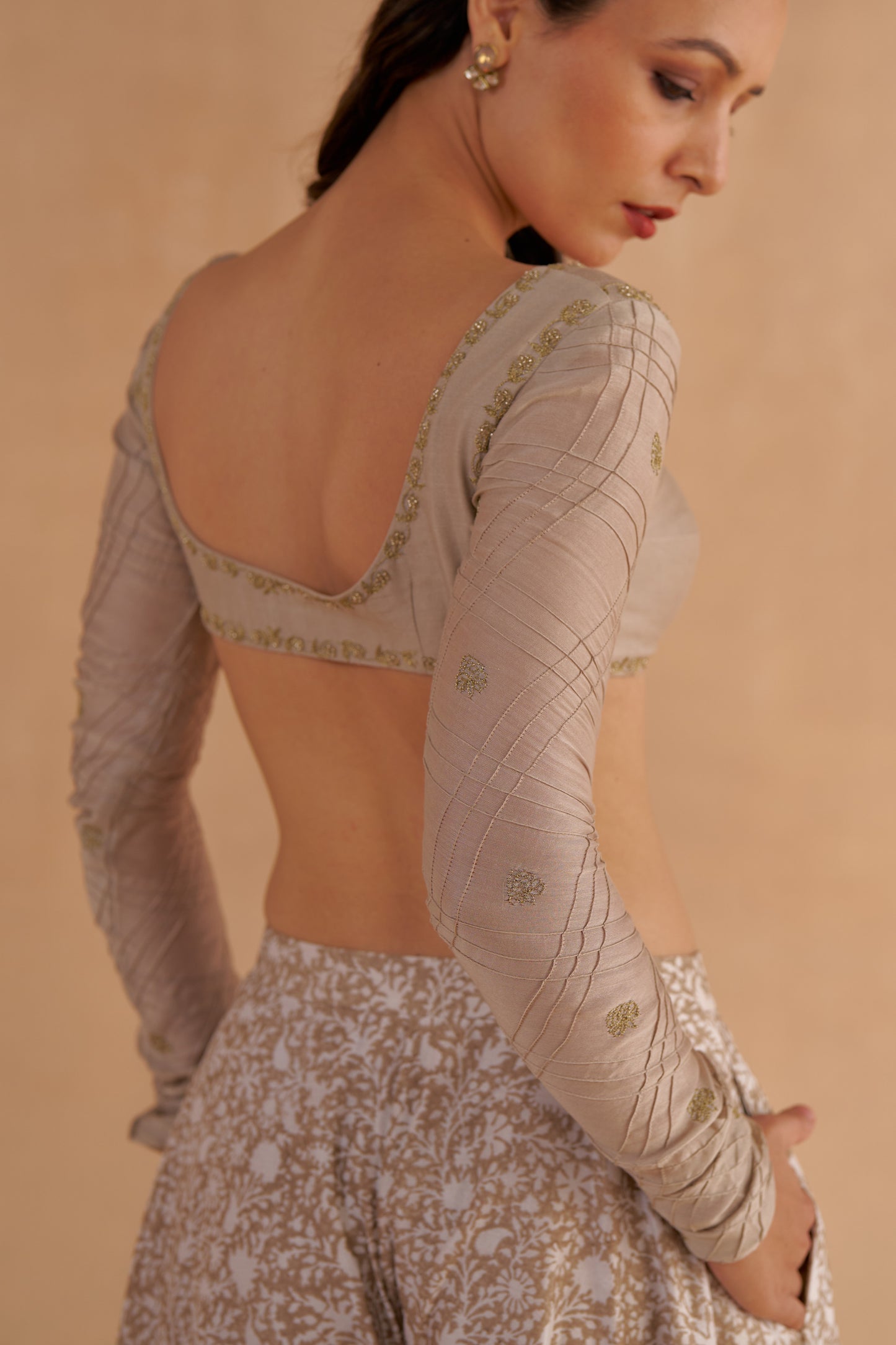 Warm Grey Chanderi Embroidered Bustier Blouse with Sheer Kurta and Flared Pants