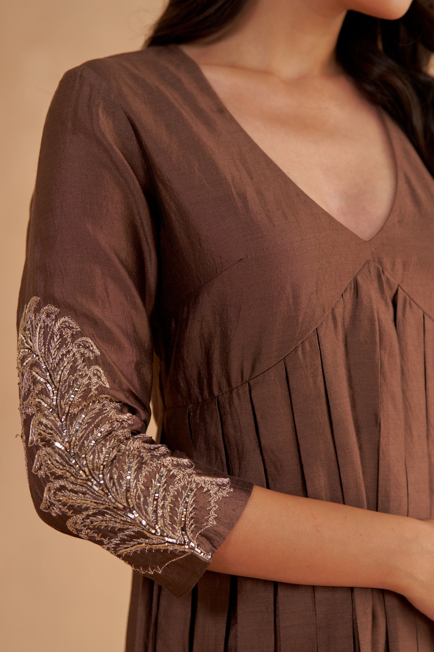 Dark Brown Fine Silk A-Line Embroidered Kurta with Churidar Pants and Organza Dupatta