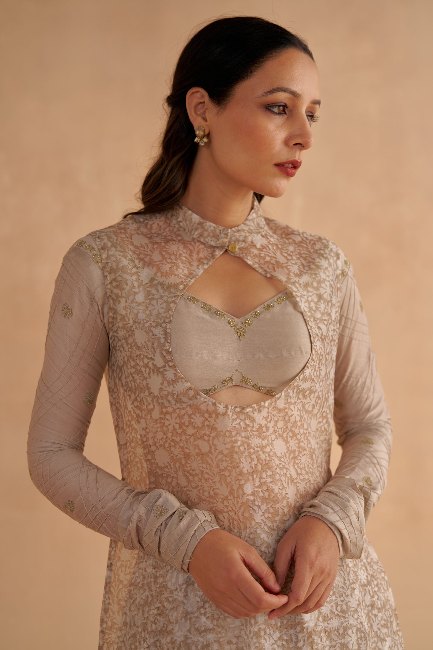 Warm Grey Chanderi Embroidered Bustier Blouse with Sheer Kurta and Flared Pants