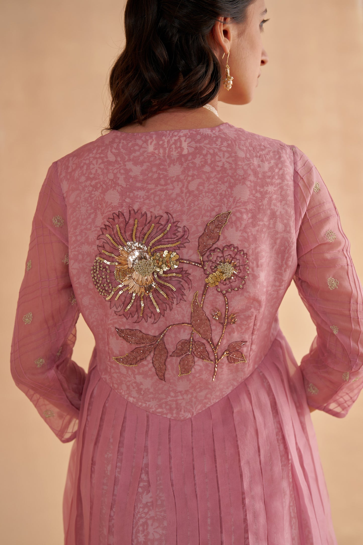 Blush Pink Organza Layered Kurta Set with Zardozi Embroidery and Patchwork Dupatta