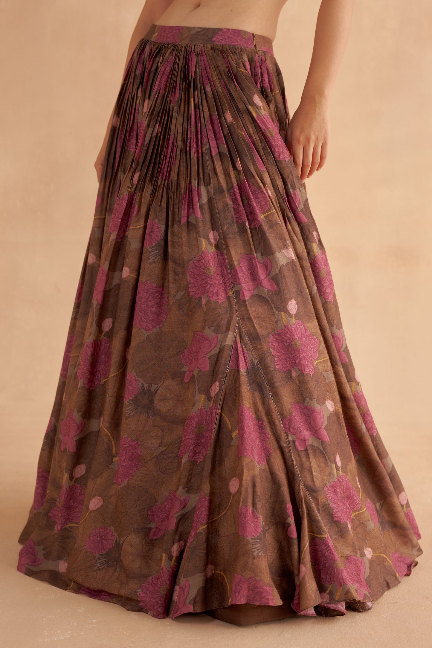 Walnut Brown Moonga Silk Blouse and Lotus Printed Lehenga Set