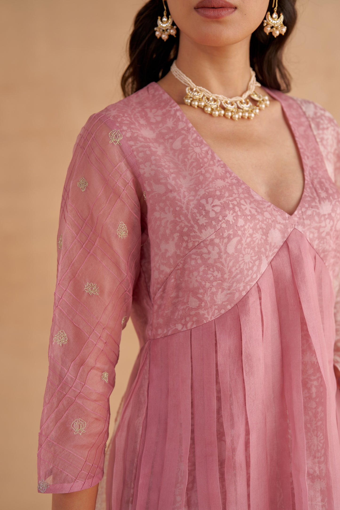 Blush Pink Organza Layered Kurta Set with Zardozi Embroidery and Patchwork Dupatta