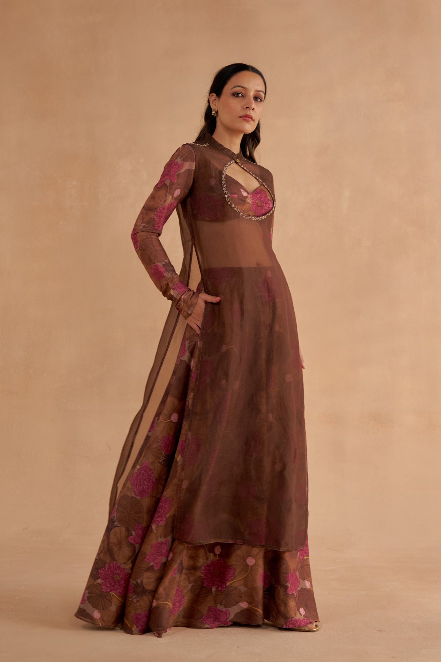 Walnut Brown Signature Print Flared Sharara Pant Set