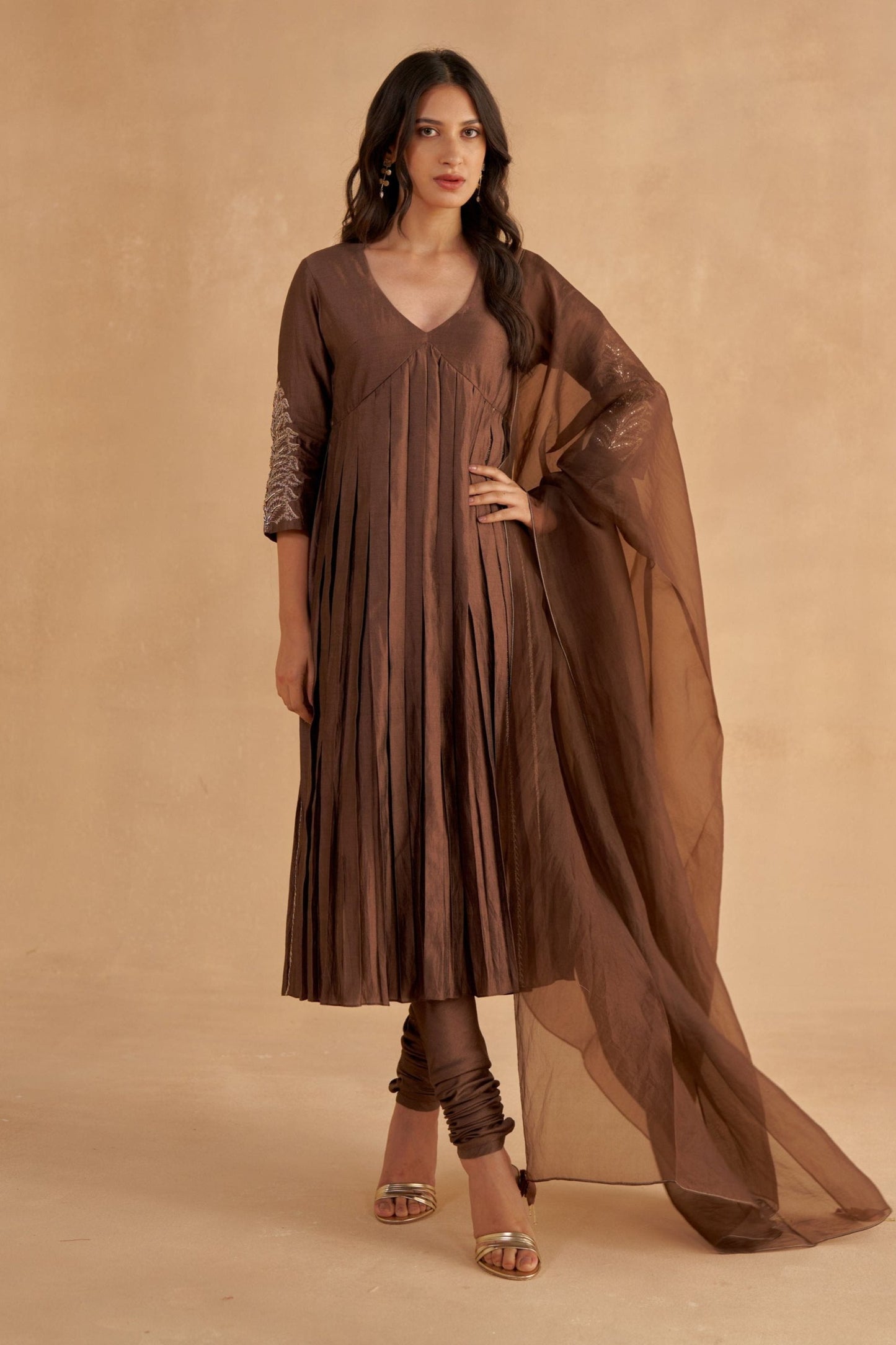 Dark Brown Fine Silk A-Line Embroidered Kurta with Churidar Pants and Organza Dupatta