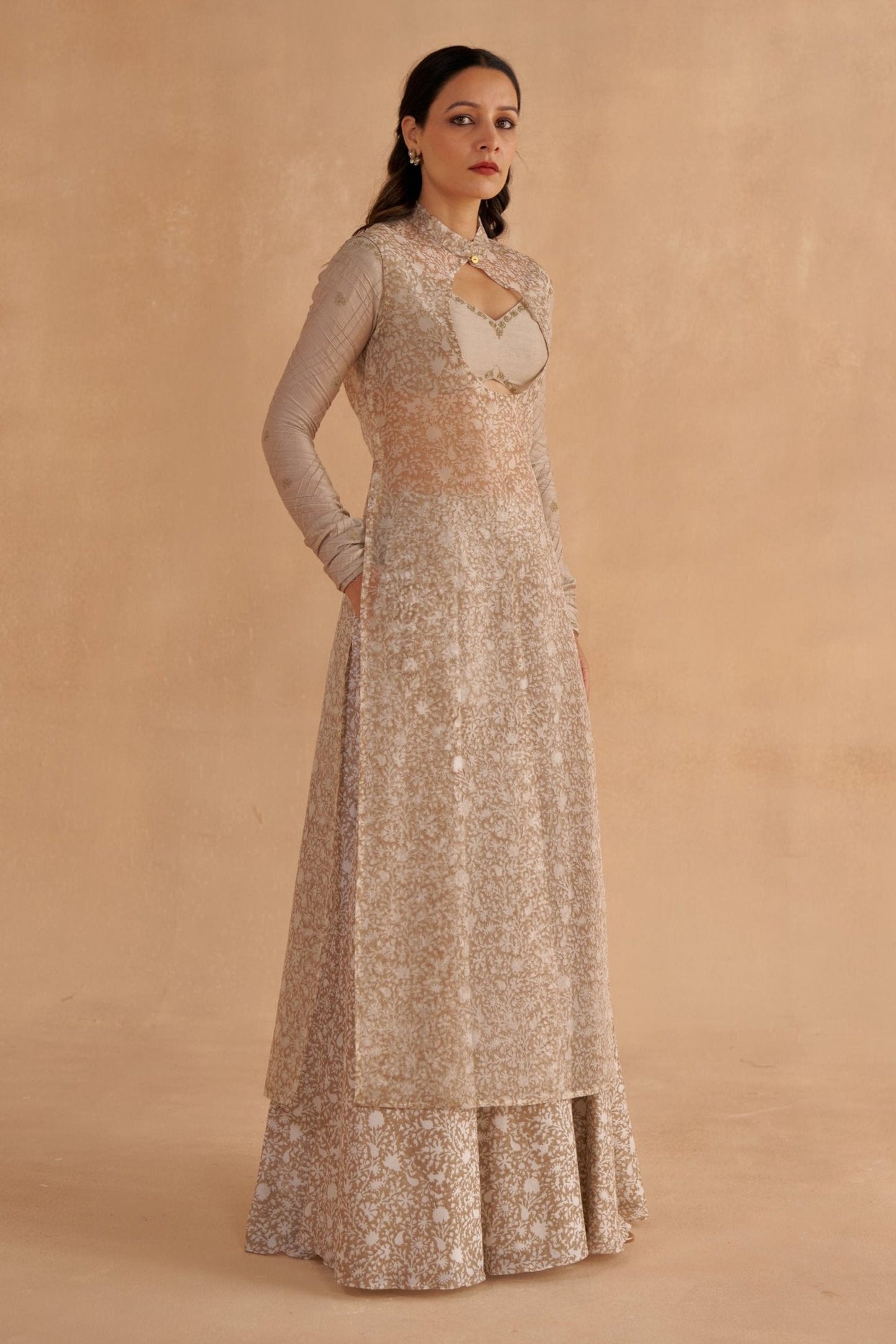 Warm Grey Chanderi Embroidered Bustier Blouse with Sheer Kurta and Flared Pants