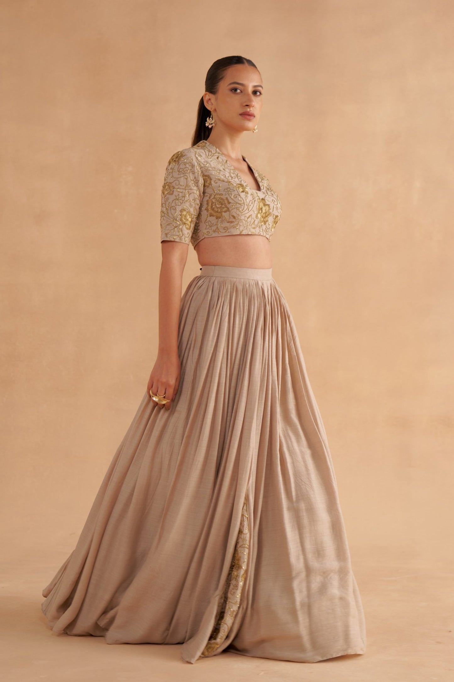 Warm Grey Moonga Silk Blouse with Zardozi Embroidery Silk Lehenga and Organza Dupatta