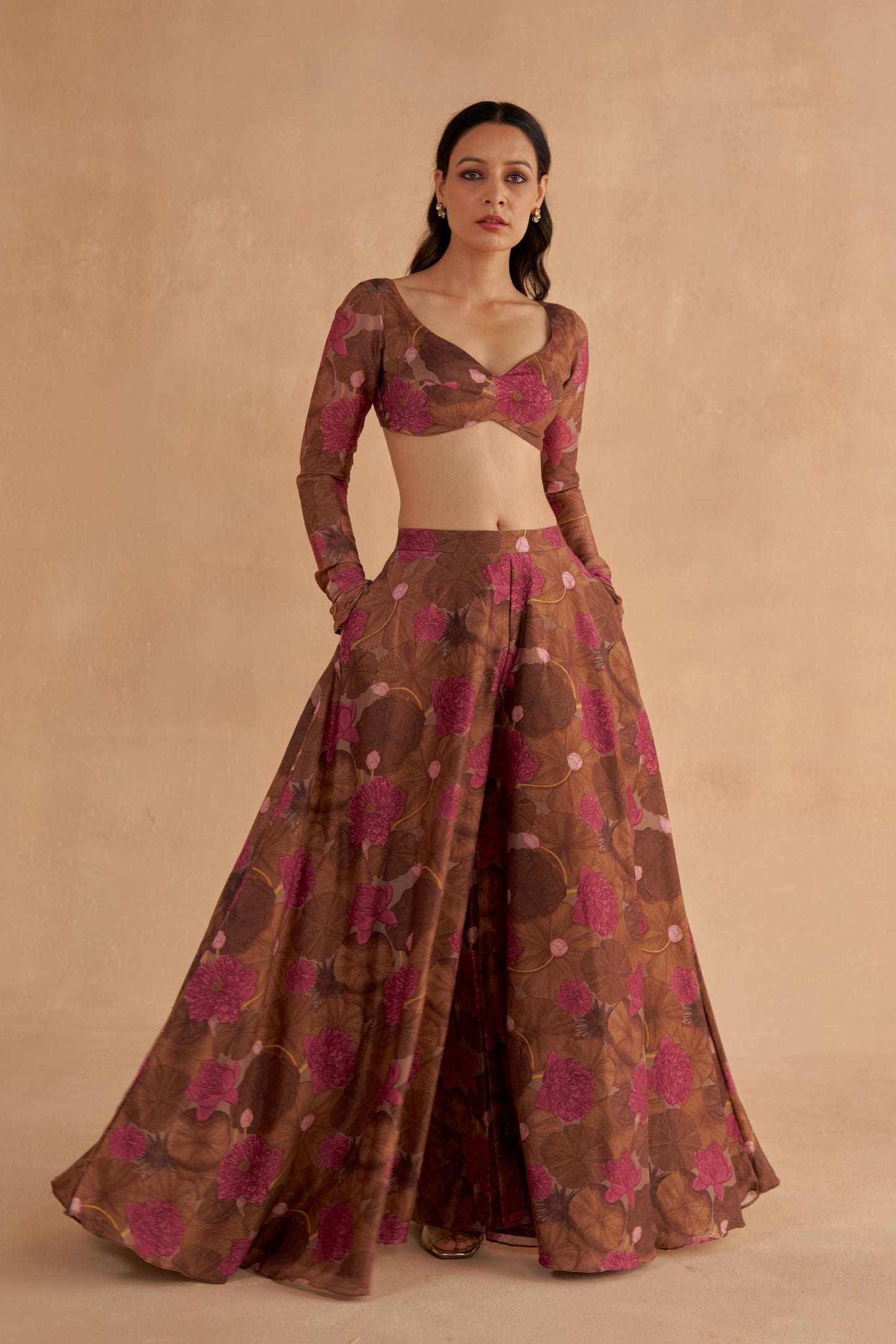 Walnut Brown Signature Print Flared Sharara Pant Set