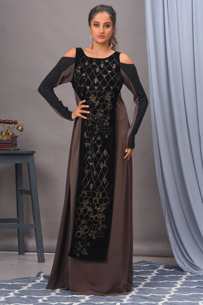 Black and Grey Cold Shoulder Spandex Embellished Gown