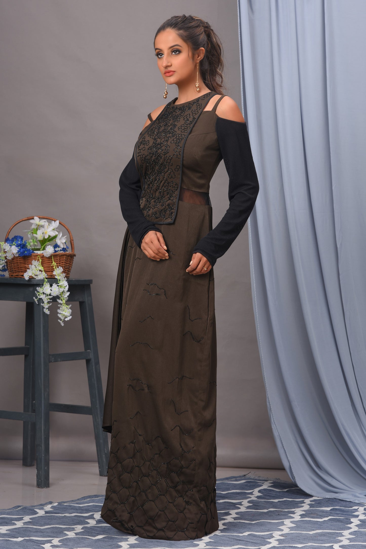 Olive Green and Black Cold Shoulder Satin Gown