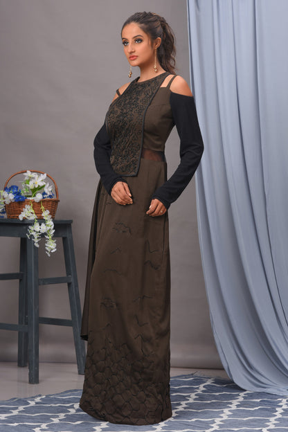Olive Green and Black Cold Shoulder Satin Gown
