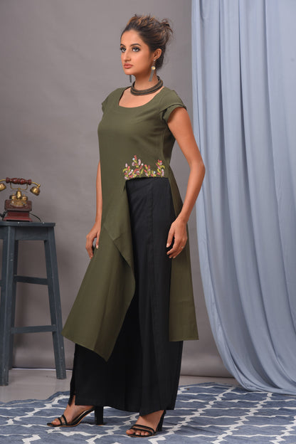 Olive Green Embroidered Crepe Tunic Set