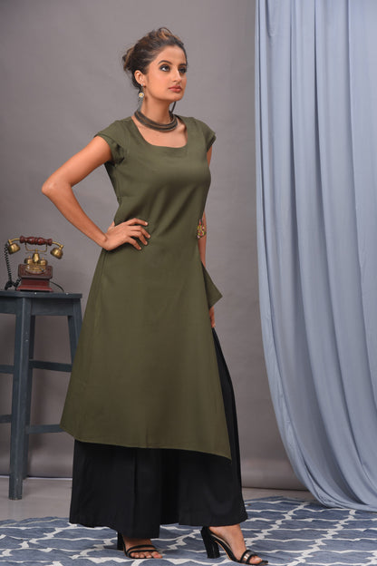 Olive Green Embroidered Crepe Tunic Set
