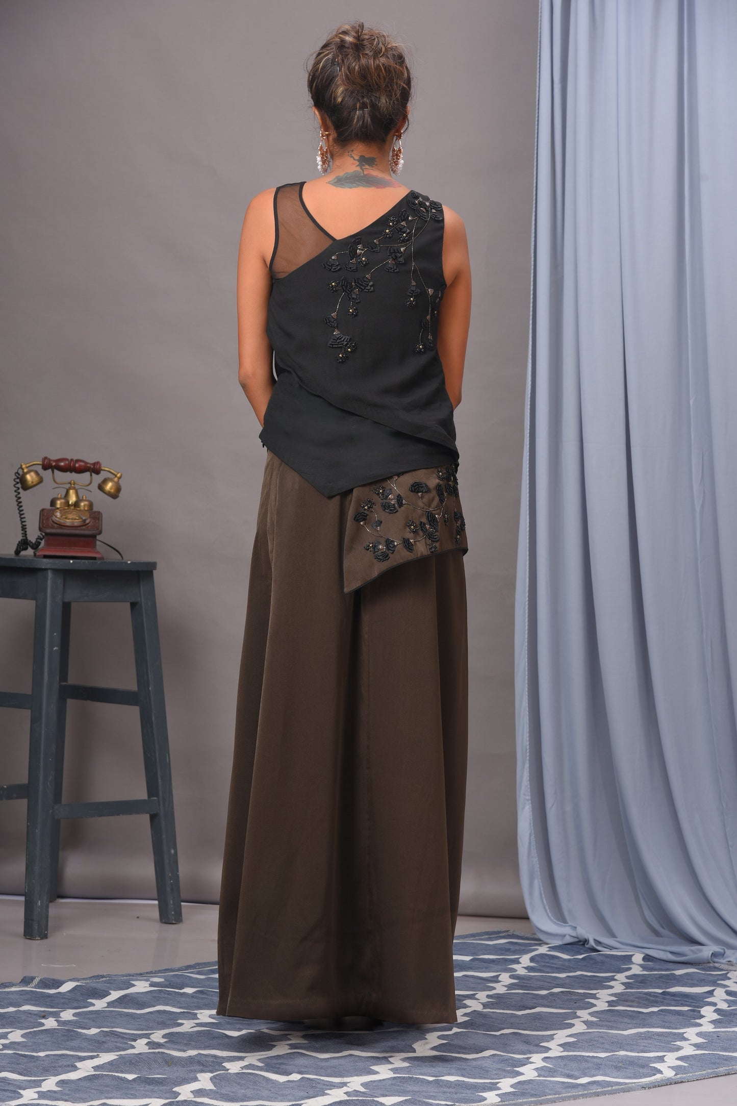 Black and Olive Green Embellished Skirt Set