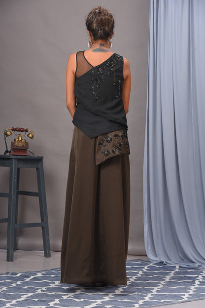 Black and Olive Green Embellished Skirt Set