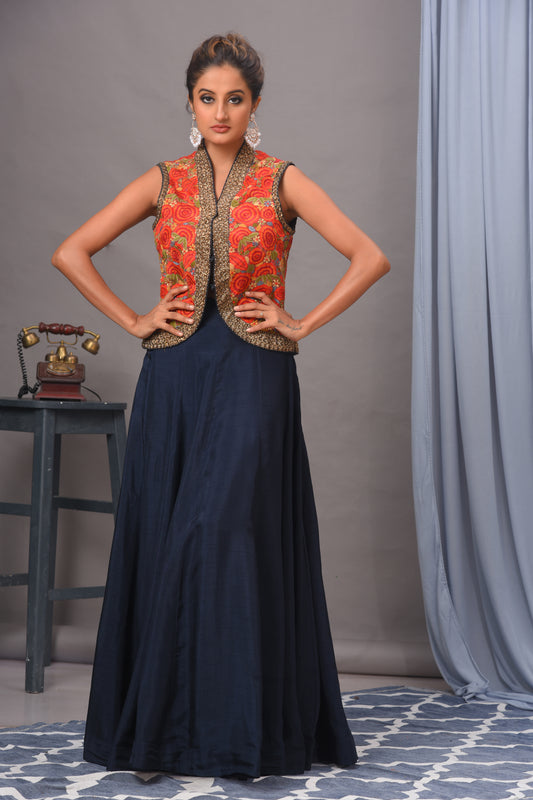 Red & Navy Blue Bamberg Silk Embroidered Jacket and Skirt Set