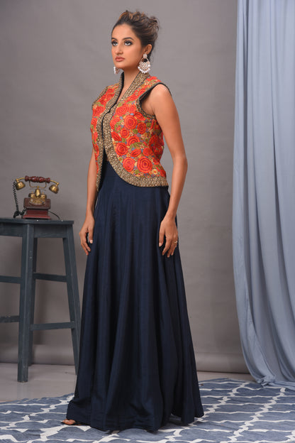 Red & Navy Blue Bamberg Silk Embroidered Jacket and Skirt Set