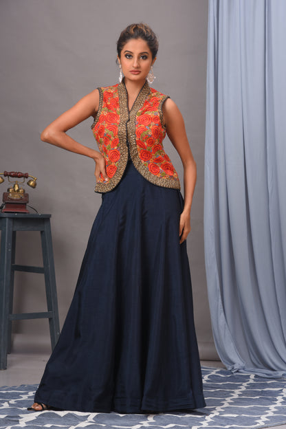 Red & Navy Blue Bamberg Silk Embroidered Jacket and Skirt Set