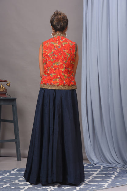 Red & Navy Blue Bamberg Silk Embroidered Jacket and Skirt Set