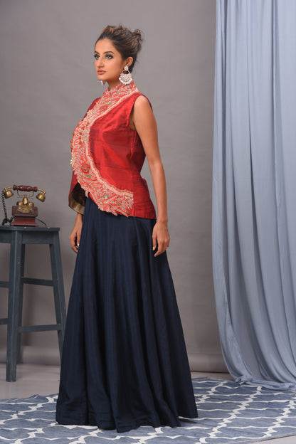 Bamberg Silk Red & Navy Blue Embroidered Jacket and Skirt Set