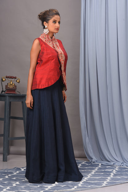 Bamberg Silk Red & Navy Blue Embroidered Jacket and Skirt Set