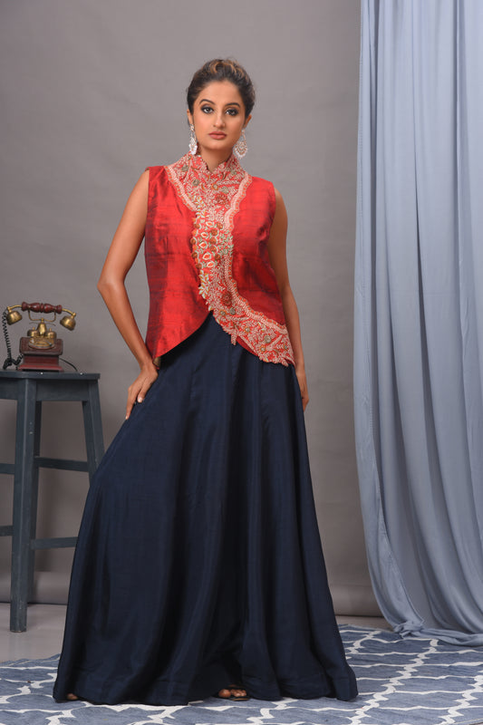 Bamberg Silk Red & Navy Blue Embroidered Jacket and Skirt Set