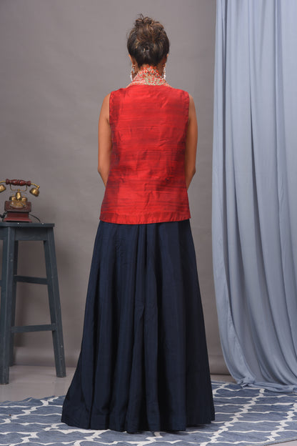 Bamberg Silk Red & Navy Blue Embroidered Jacket and Skirt Set