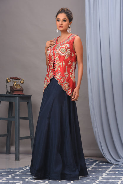 Red & Navy Blue Bamberg Silk Jacket and Skirt Set