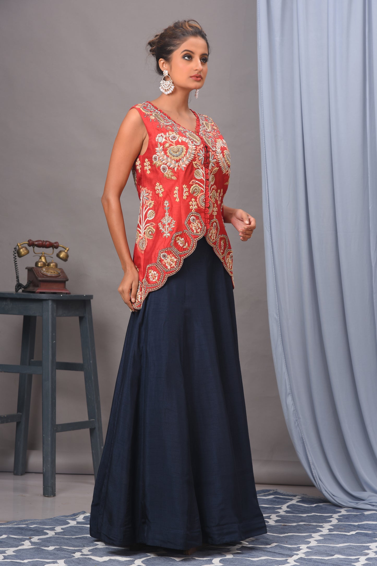 Red & Navy Blue Bamberg Silk Jacket and Skirt Set