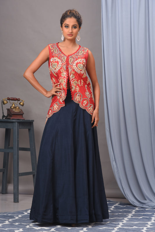 Red & Navy Blue Bamberg Silk Jacket and Skirt Set