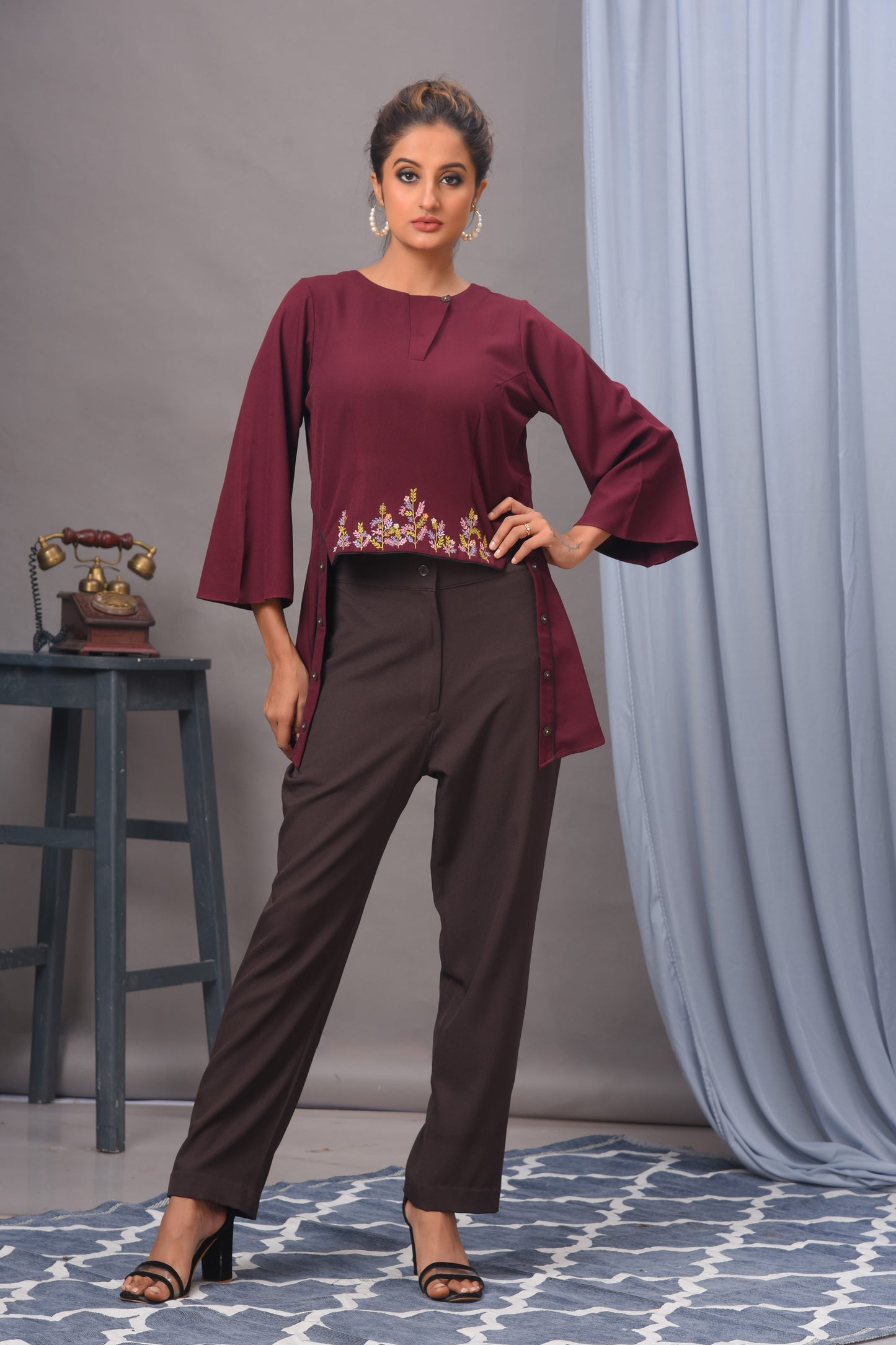 Wine Crepe Embellished Top with Pants set