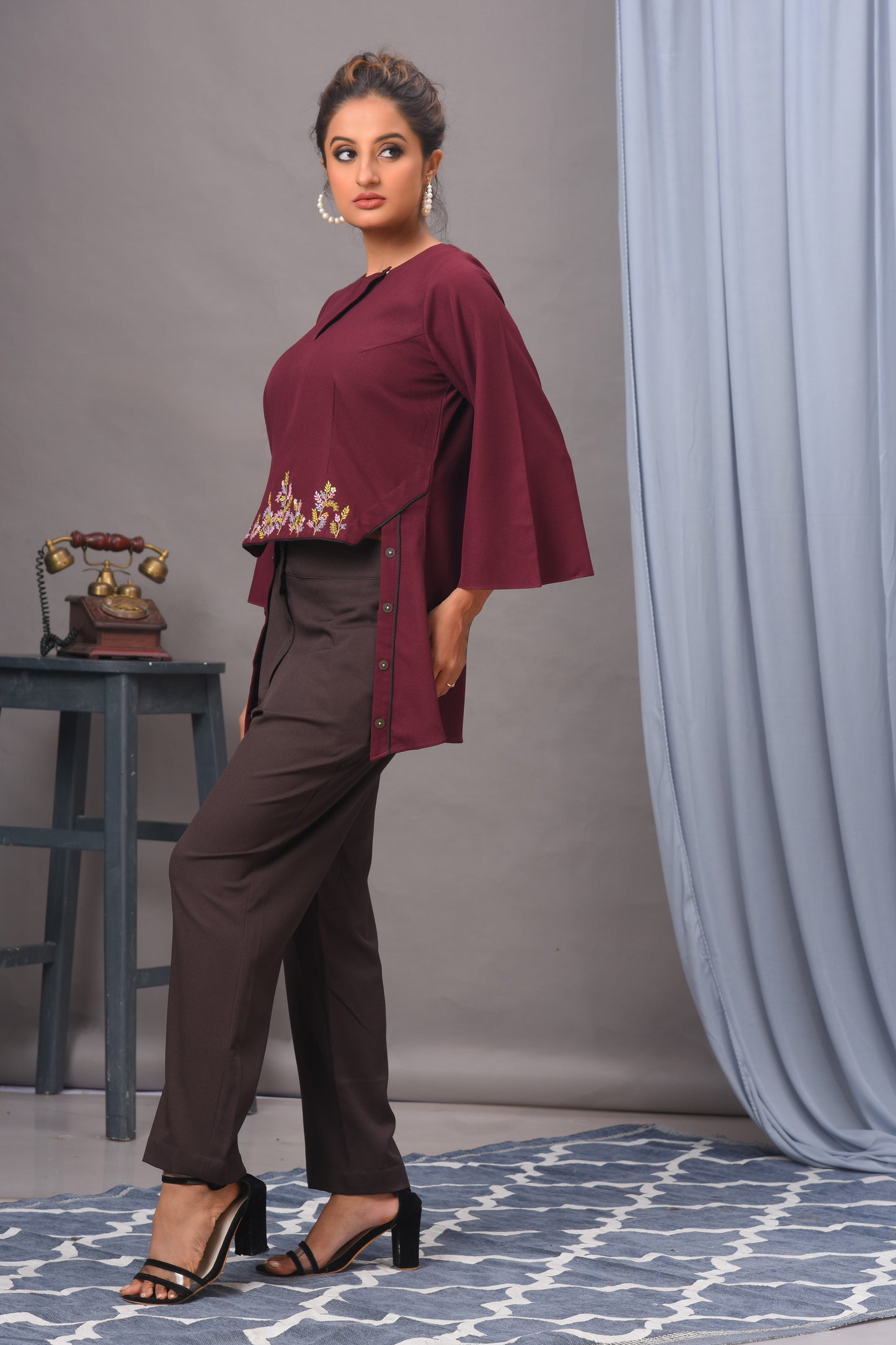 Wine Crepe Embellished Top with Pants set