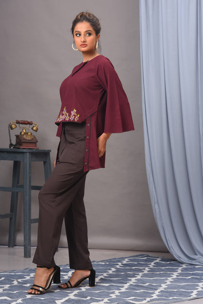 Wine Crepe Embellished Top with Pants set