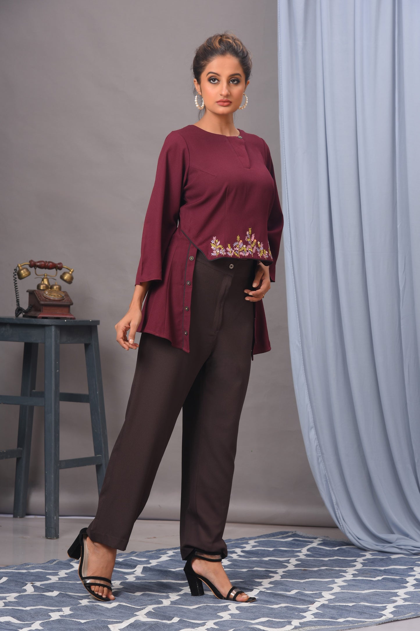 Wine Crepe Embellished Top with Pants set