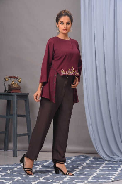 Wine Crepe Embellished Top with Pants set