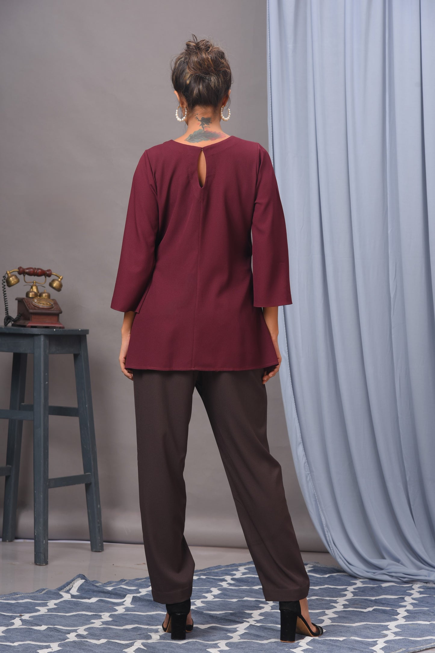 Wine Crepe Embellished Top with Pants set